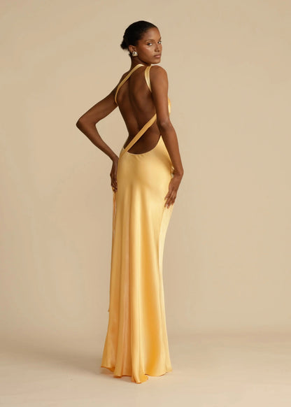 Amelia | Elegantes Maxikleid aus Satin mit asymmetrischen Trägern für Damen